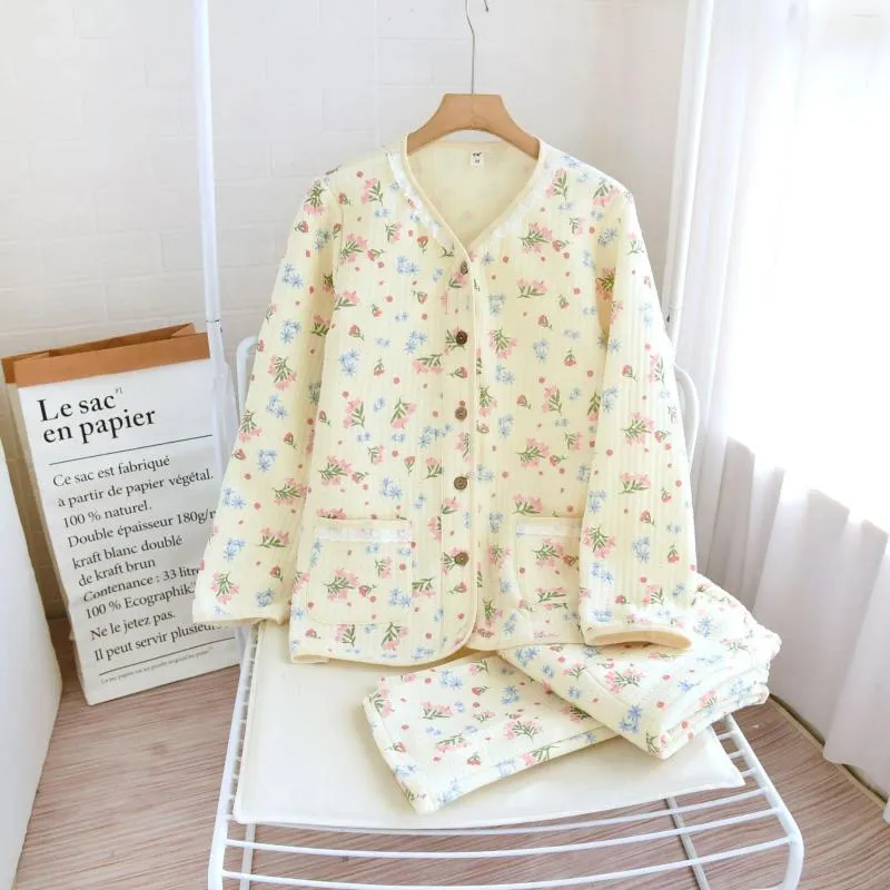 Kvinnors sömnkläder Autumn Winter Pure Cotton Floral Printing Pyjamas Set Women Casual Home Suit Nightwear Pyjamas Female Nighty