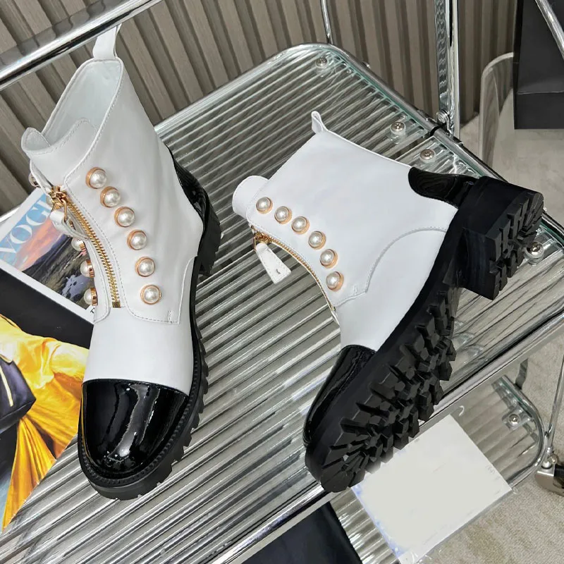 Luxury Designer Ankle Boots Autumn Thick Heel Women Classic Color Matching Metal Buckle Water Diamond Pearl Martin Boot Zipper Opening Ladies Booties