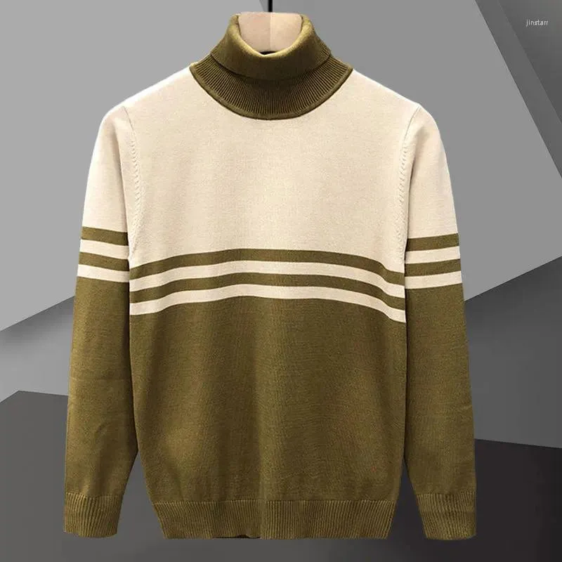 Men's Sweaters Turtleneck Sweater Knitted Pullover Social Dress Shirt Contrasting Stripes Long Sleeve Streetwear Clothing Erkek Kazak
