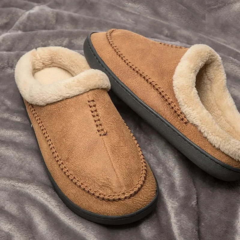 Pantoufles d'hiver pour hommes, chaussures chaudes en peluche, fond épais, imperméables, en cuir, en daim et coton, 240104