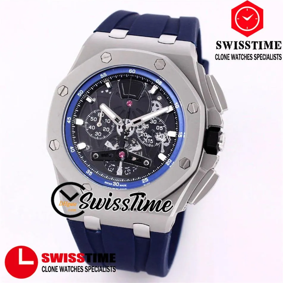 26407 Quartz Chronograph Mens Watch Blue Inner Skeleton Dial Stopwatch Titanium Steel Case Blue Rubber Luxury Watches 2022 SwissTi2852