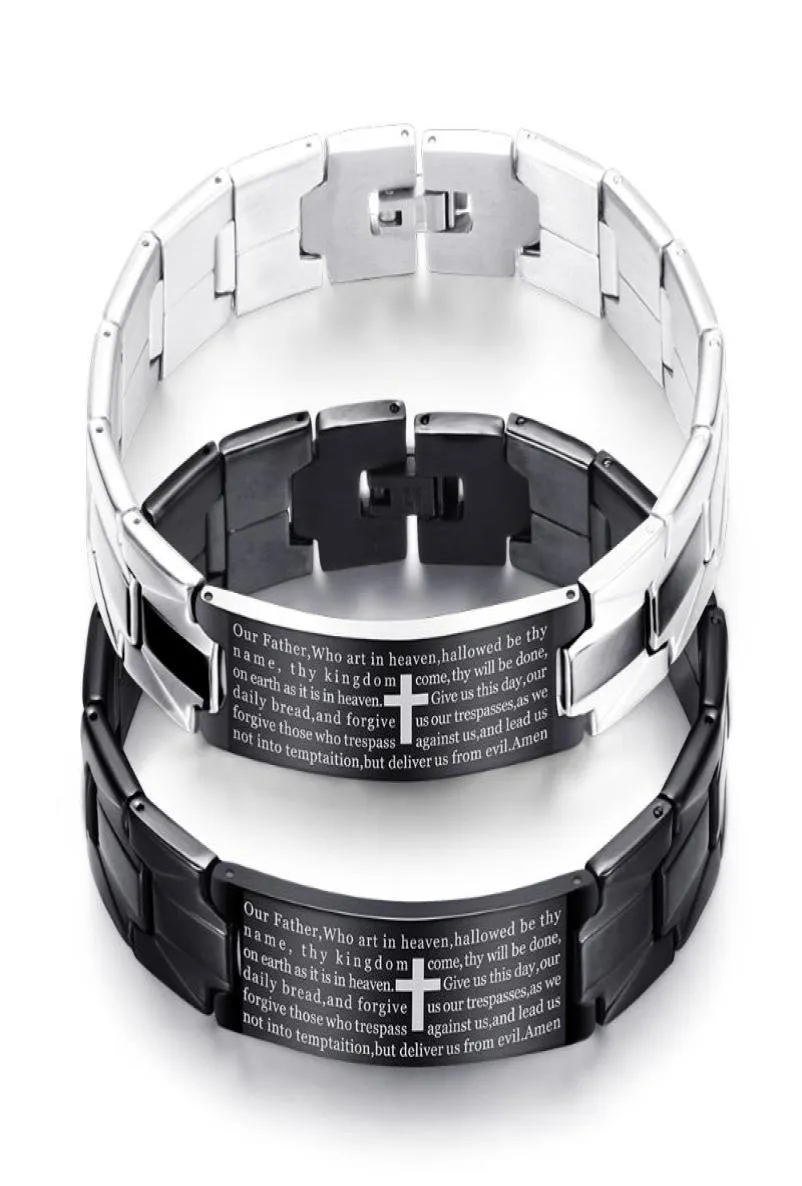 Bracciale da uomo della Sacra Bibbia Bracciale in acciaio inossidabile nero Cinturino per orologio placcatura in argento Regalo di gioielli per le donne7083941