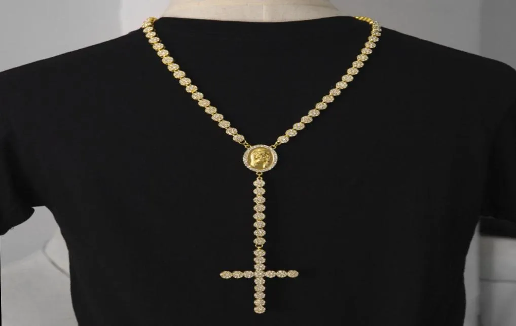 Mannen Luxe Lange Ketting Goud Zilver Volledige Iced Out Steentjes Jezus Gezicht Met Grote Hanger Ketting Rozenkrans Punk Sieraden8561763