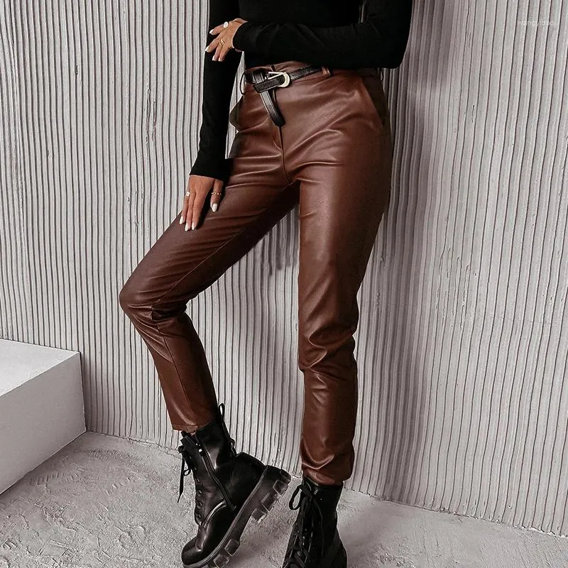 Pantalons Femmes Automne Hiver Bureau Lady PU Crayon En Cuir Femmes Sexy Taille Moyenne Rétro Streetwear Long Casual Commute Plis Pantalon