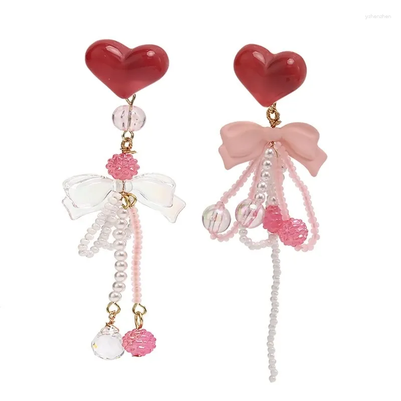 Orecchini a bottone MXME Love Heart Bow Nappe di perle pendenti con gocce esagerate