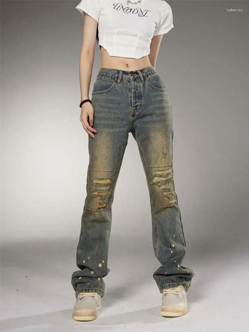 Jeans femininos reddachic mulheres cintura baixa destruído namorado rasgado angustiado splash tinta flare 90s retro y2k harajuku streetwear