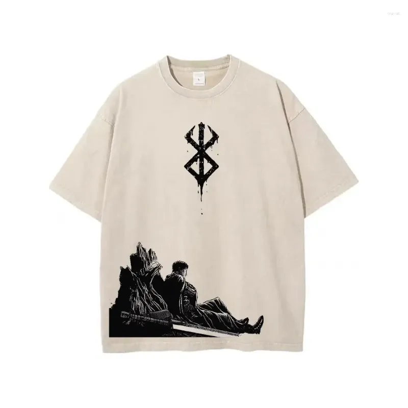 T-shirts hommes vintage beige lavé t-shirts pour hommes anime berserk guts chemise graphique harajuku oversize tee coton manches courtes streetwear