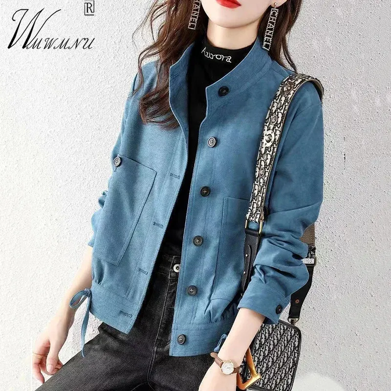Standup Collar Corduroy Women's Jacket 2023 Spring Fashion Sashes Blue Veste Femme Office Lady SingleBreasted Croped Coat 240103