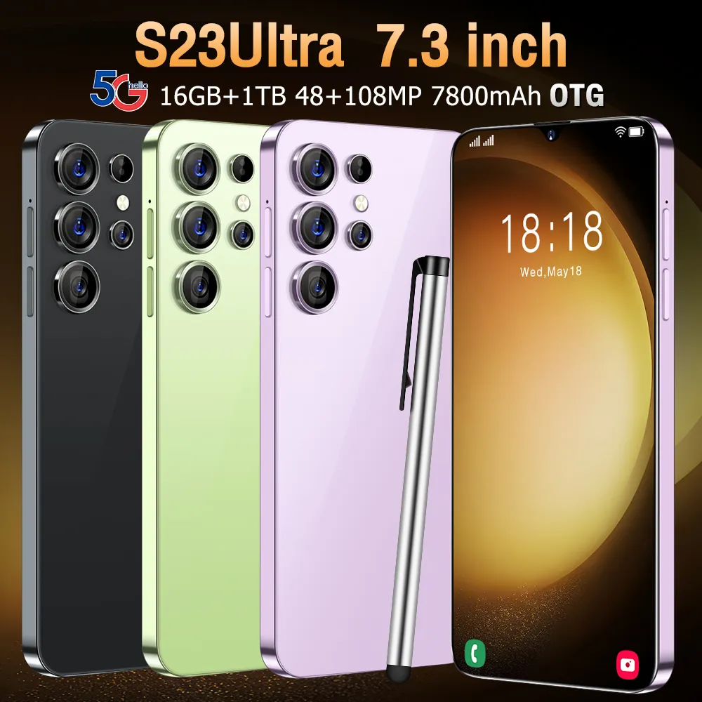 Ny S23 Ultra 100% Original Mobile Phones Snapdragon 8 Gen2 7.3 HD -skärm 5G Smartphone 16GB+1TB Dual SIM -mobiltelefoner Face Unlocked Android 13.0 Camera 48MP+108MP