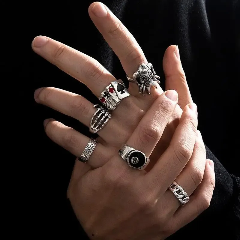 Bröllopsringar 6 stycken punkpoker clown silverring set för män gotiska skelett biljard set par uttryckliga fashionabla smycken anillos hombre 240103