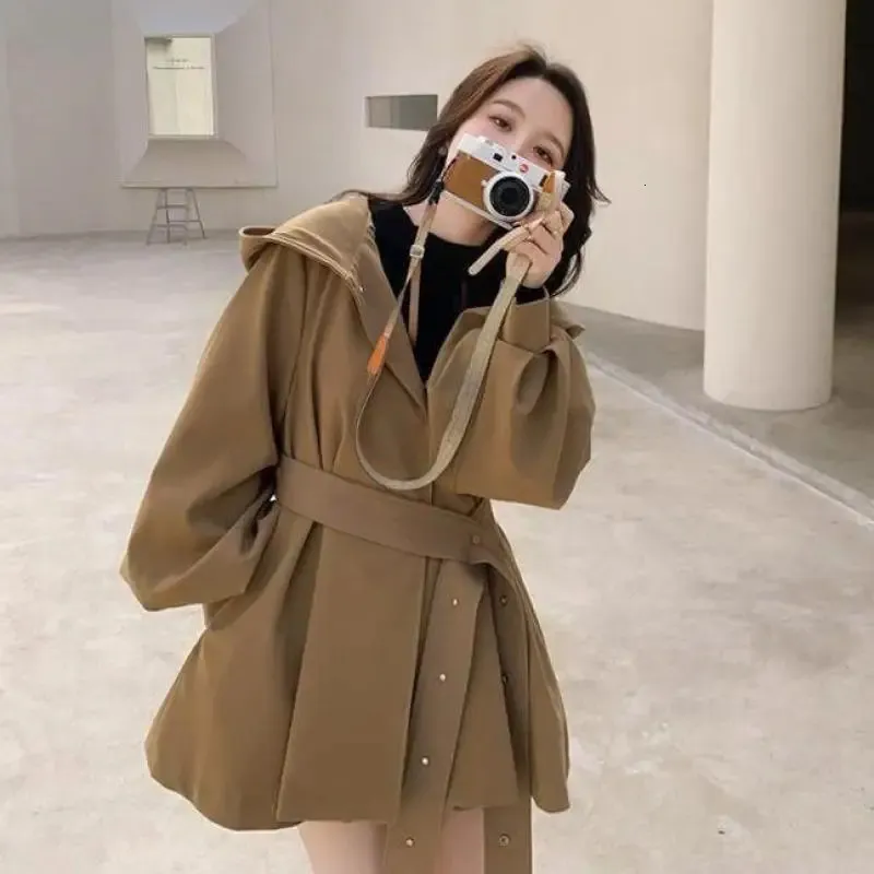 S-xl Womens Trench Coat Autumn Spring Female Jacket Overcoat Long Solid Color Loose Hooded Ladies Windbreaker Top Clothes H60 240104