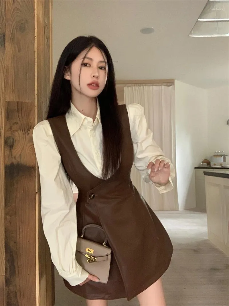 Vestidos de trabalho doce menina terno feminino outono bolha manga turn-down colarinho camisa pu couro cinta vestido de duas peças conjunto moda roupas femininas