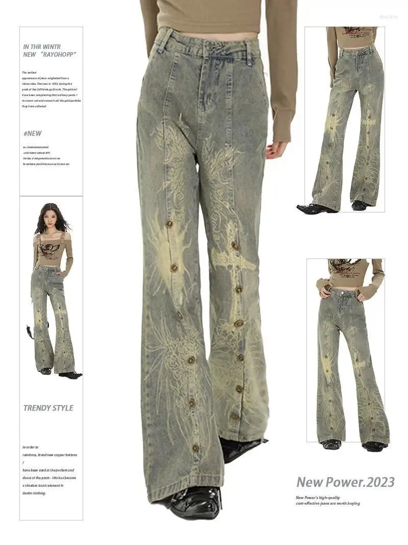 Spodnie damskie American Micro-Flare Dżinsy dla kobiet w retro mycie w trudnej sytuacji Dziewczyna Nisza Nisza drukowana insht.