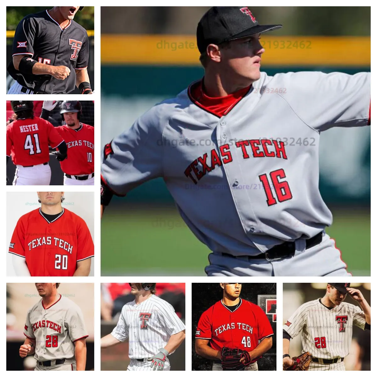 Honkbalshirt Texas Tech TTU College Heren Dames Jeugd Kinderen Allemaal gestikt 25 Owen Washburn 26 Dylan Maxcey 28 Taber Fast 31 Damian Bravo 32 Trendan Parish 34 Petty