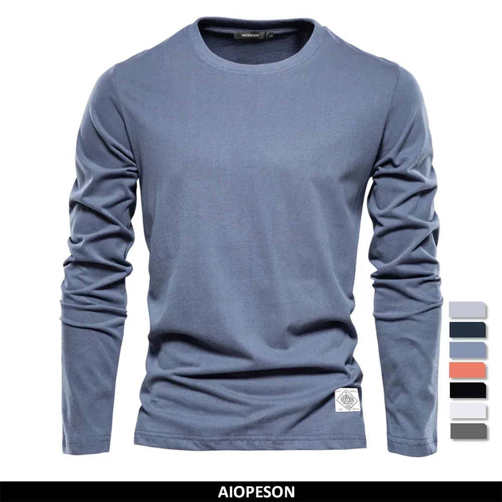 100% Cotton Long Sleeve T-shirt för män Solid Spring Casual Mens T-shirts Högkvalitativa Male Topps Classic Clothes Men's T-shirts 240103