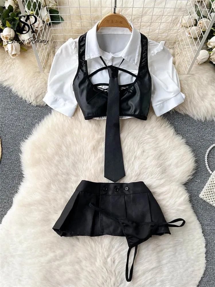 Robes de travail SINGREINY Femmes évider sexy deux pièces costumes mode gilet en cuir mini jupe sensuelle tongs style japonais tenue porno érotique