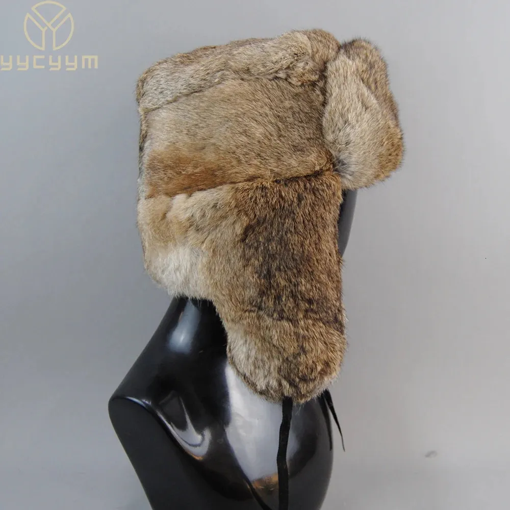 Casquettes pour hommes chaud naturel fourrure de lapin Bomber chapeau avec oreillettes hiver unisexe russe Ushanka vrais chapeaux 240103