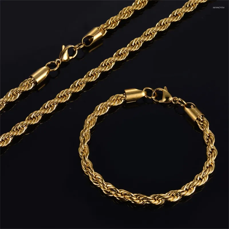 Set di orecchini e collana placcati in oro per uomo, braccialetto a catena intrecciata da 4 mm, 2 pezzi, accessori di gioielli alla moda, regali bijoux all'ingrosso