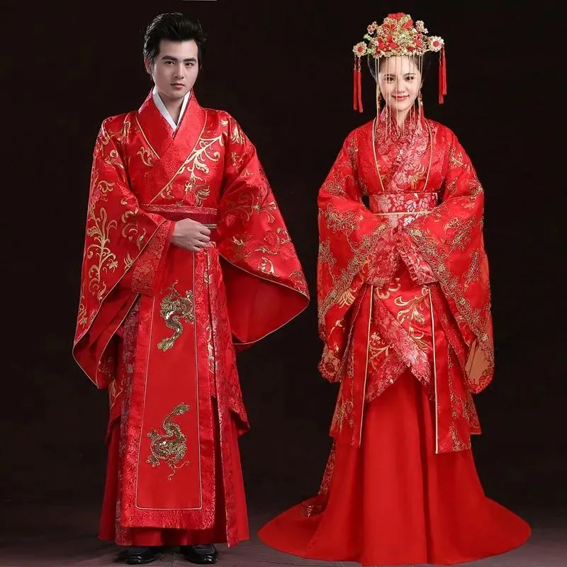 Clothing Chinese Style Ancient Wedding Clothing Antique Groom Garment Red Couple Lovers Hanfu Wedding Costume With Long Tail Bride Dress