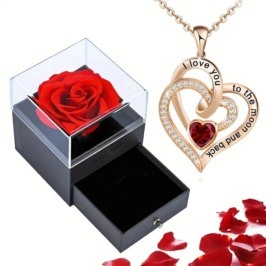 Luxury Love Heart Shaped Zircon Necklace med Rose Gift Box Lämplig för kvinnliga vänner 2023 Ny Fashion Valentine's Day Christmas Jewelry Gifts 240104