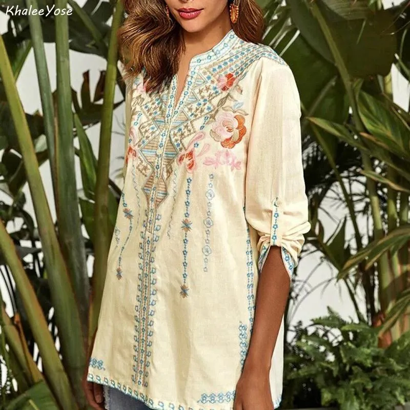 T-shirt Khalee Yose Vintage Floral Embroidery Bluses Shirt Boho Mexikanska skjortor Autumn Long Sleeve 2XL 3XL Ethnic Hippie Woman Tops