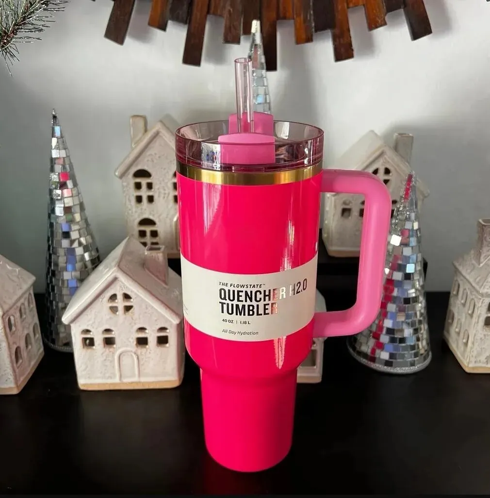 Ship From 1PC Pink Flamingo Tumbler Quenching Agent H2.0 Replica40oz Stainless Steel Cup Handle Lid and Straw Car Cup Water Bottle I0204