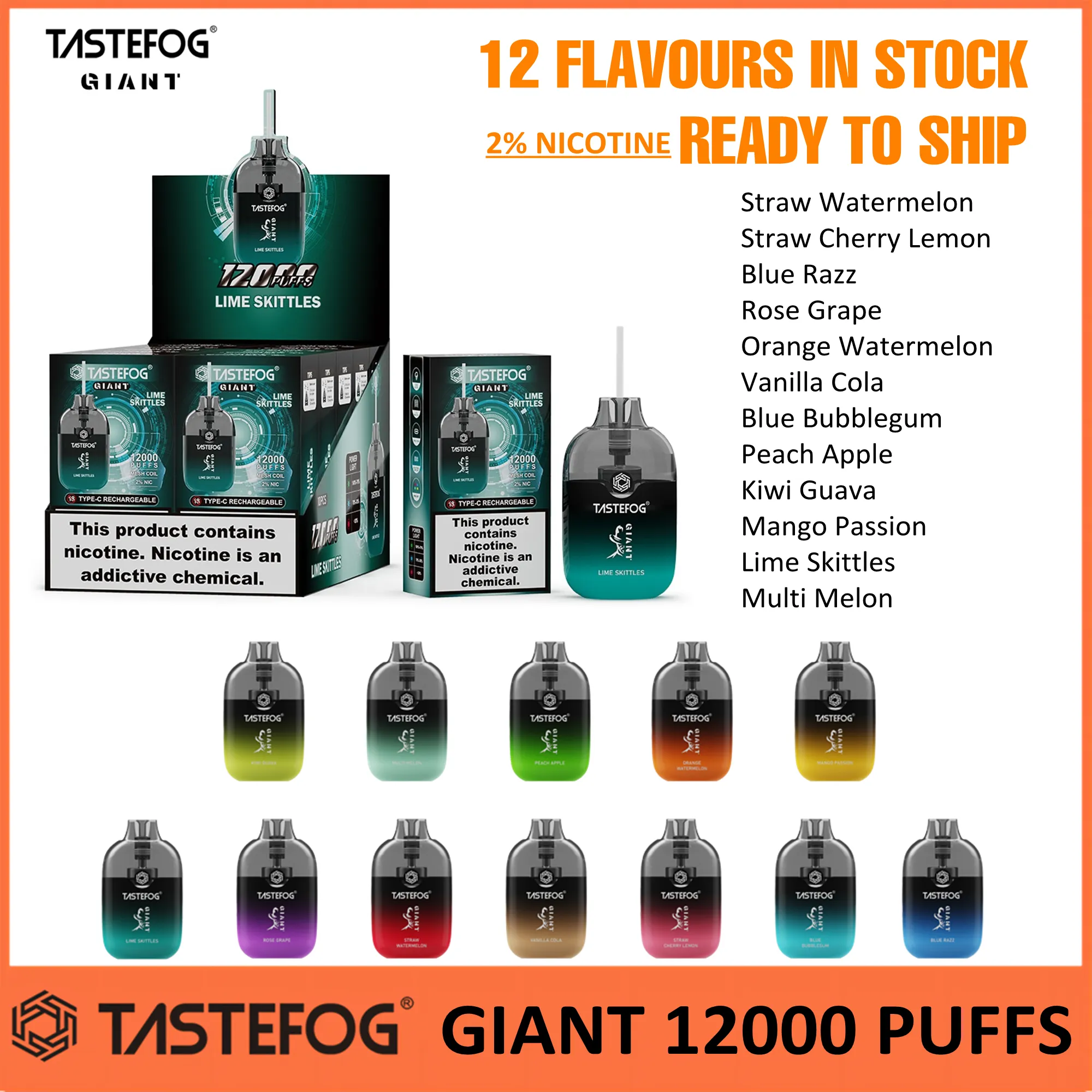 Großhandel Original Tastefog Giant 12000 Puffs Mesh Coil Einweg I Vape Box 15 ml einstellbarer Luftstrom 650 mAh Batterie