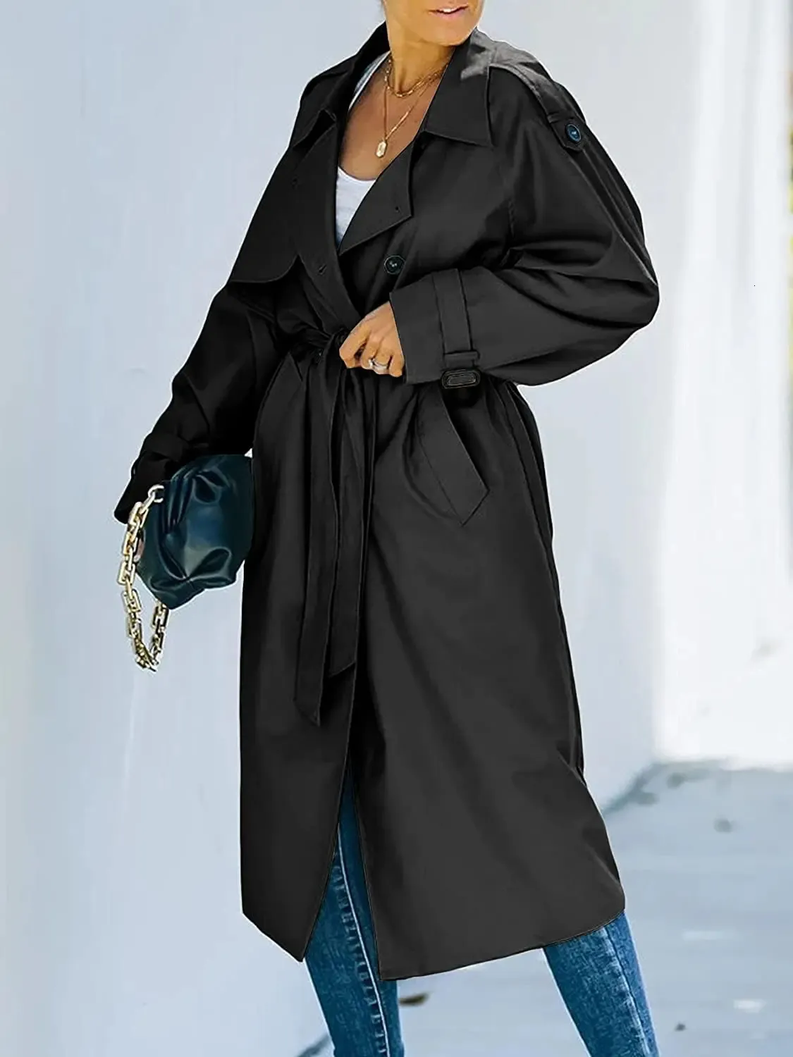 Giacche da donna Trench lungo doppio petto con cappuccio Cappotto classico con risvolto manica lunga antivento con cintura Streetwear S-2XL 240104