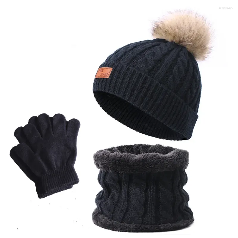 Baskar sätter 3 enstaka hårboll beanie hattar barn stickade mössor med handskar Bib Baby Solid Color Warm Woolen Skullies Hat