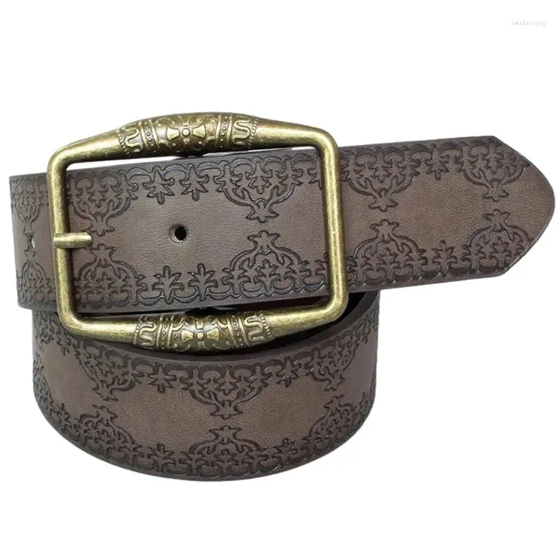 Cinturones Mujer Hebilla de bronce antiguo Cinturón ajustable Retro En relieve PU Cintura de cuero Y1UA