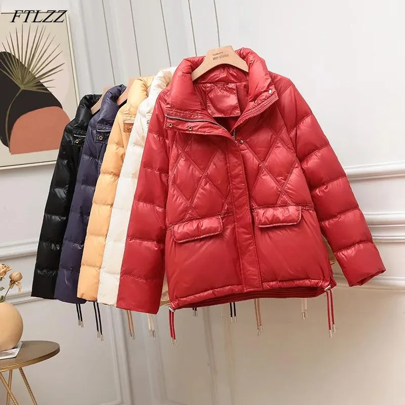 Ftlzz Winter Lichtgewicht Veren Jas Vrouwen 90% Witte Eend Donsjas Vrouwen Casual Losse Warme Pluizige Uitloper Intrekbare Zoom