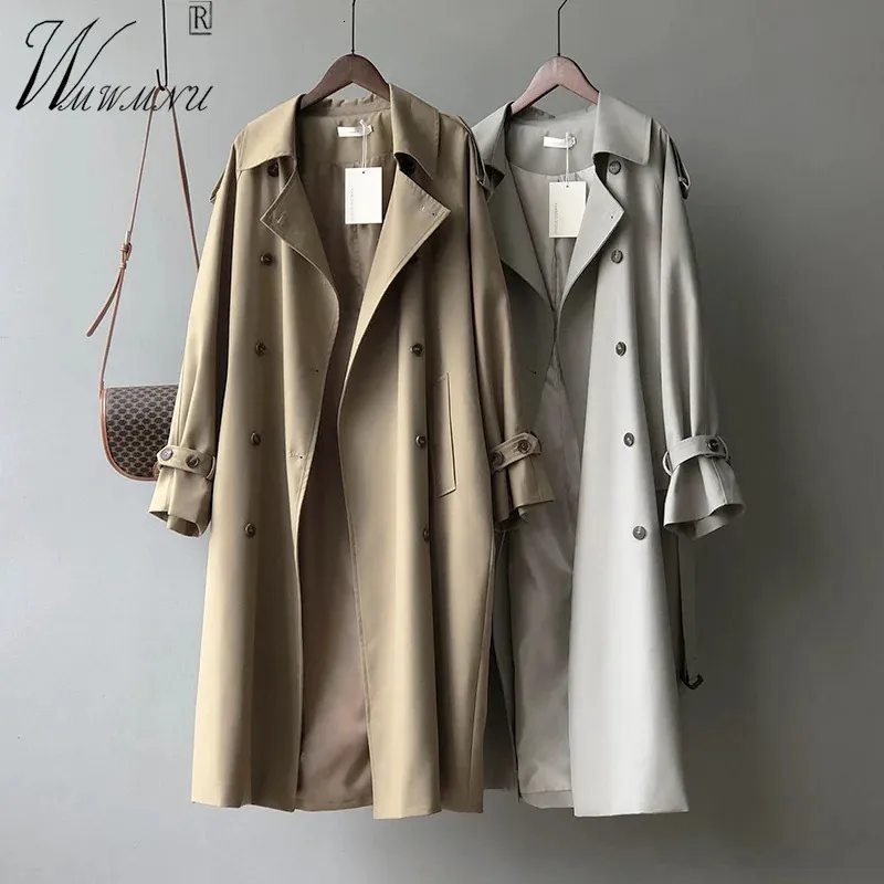 Klassisk Khaki Long Trench Coats Women Oversize 80 kg Korean Elegant Belt Windbreaker Spring Outerwears Double Breasted Gaberdinas 240104