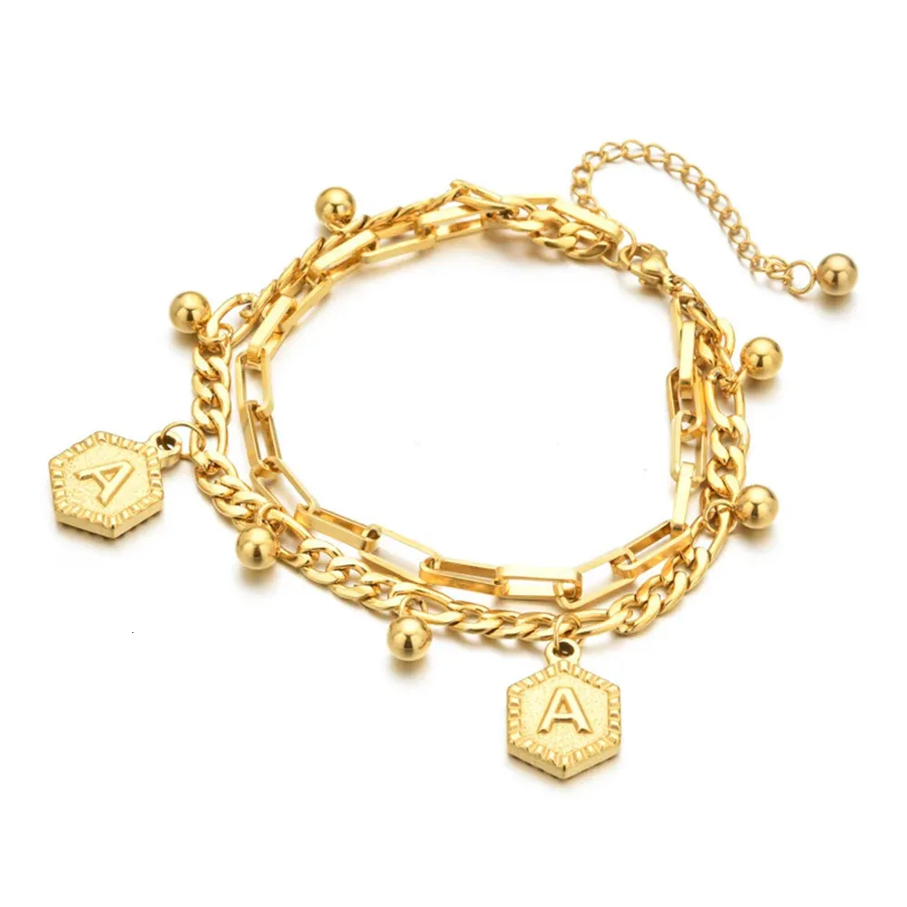 Figaro Chain Bracelet With Letter AZ Initial Alphabet Charms Bracelets For Women Men Gold Color Stainless Steel Fashion Jewelry 240104