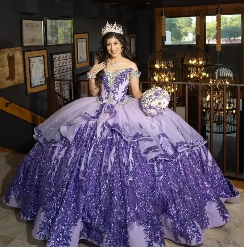 Quinceanera Purple Shiny Dresses2024レースアップリケビーズメキシカンスイート16ボールガウンベスティドス15 ANOS 322