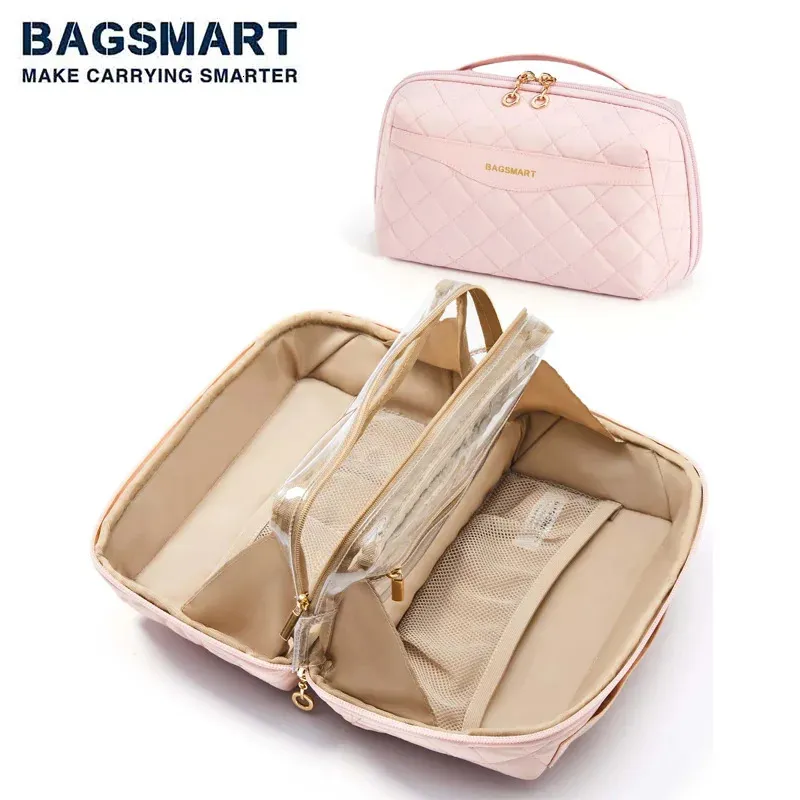 BAGSMART Make-up Cosmetische Tas Reizen Waterbestendige Toilettas voor Vrouwen Draagbare Leuke Etui Open Platte Make Up Organizer Bag 240104