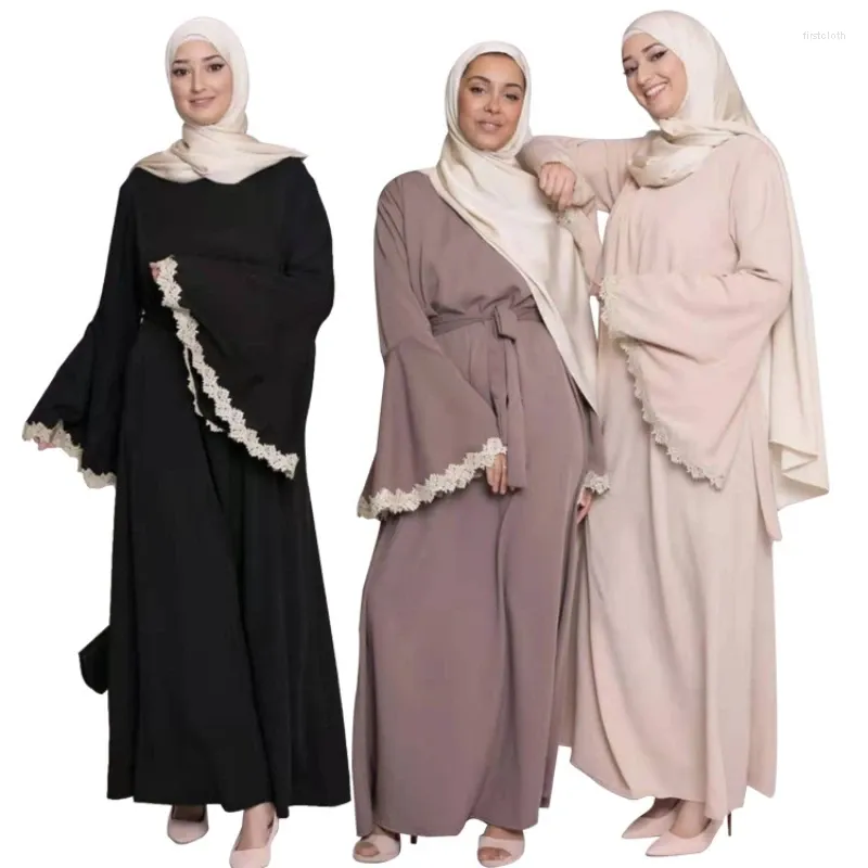 Abbigliamento etnico Ramadan Abaya Dubai Abito musulmano in pizzo cucito di lusso Prodotti fiscali per le donne Turchia Maniche svasate Elegante caftano sciolto Maxi