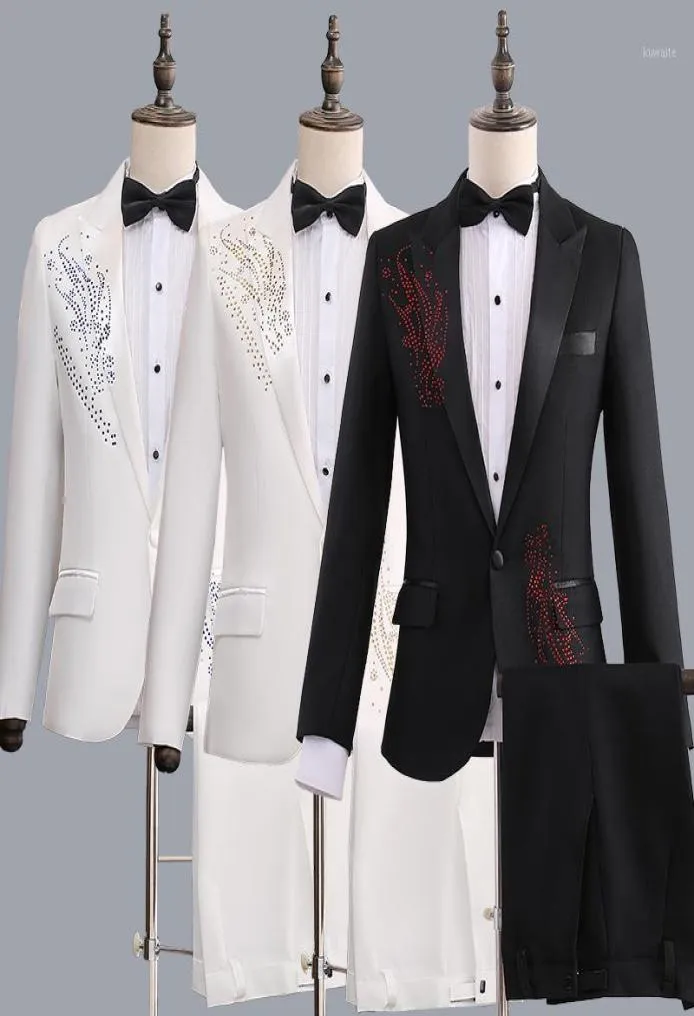 Męskie garnitury Blazery (kurtka+spodnie) Mężczyźni błyszczące Rhines White Black Suit Męska piosenkarka Chorus Compere Master for Wedding Performance Cost 7181928