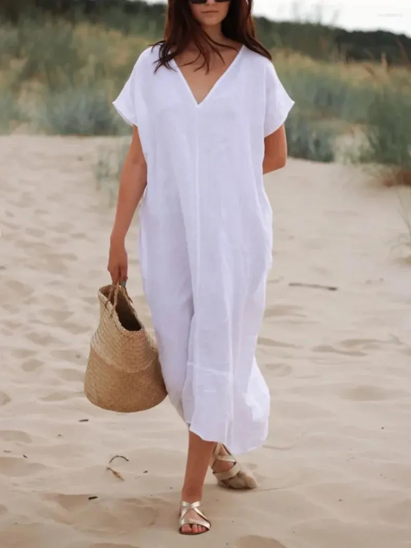 Festklänningar elegant strand v hals kort hylsa en linje bomullslinne vit lång klänning chic löst kvinnor tunik retro casual sommar