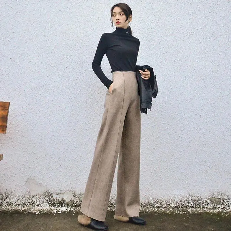 Pantalon femme Super taille haute Streetwear mélange de laine pantalon droit en vrac cachemire hiver plus épais laine jambe large femmes A198