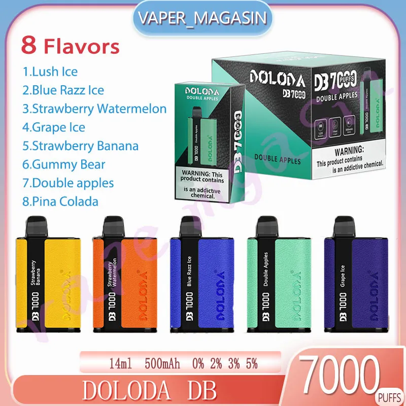 Doloda DB7000 Puff Einweg-Vape-Stift, 14 ml, vorinstallierte Kartusche, 7K Puffs, 8 Geschmacksrichtungen, 500 mAh, wiederaufladbare elektronische Zigarette, 0 % 2 % 3 % 5 % Konzentration