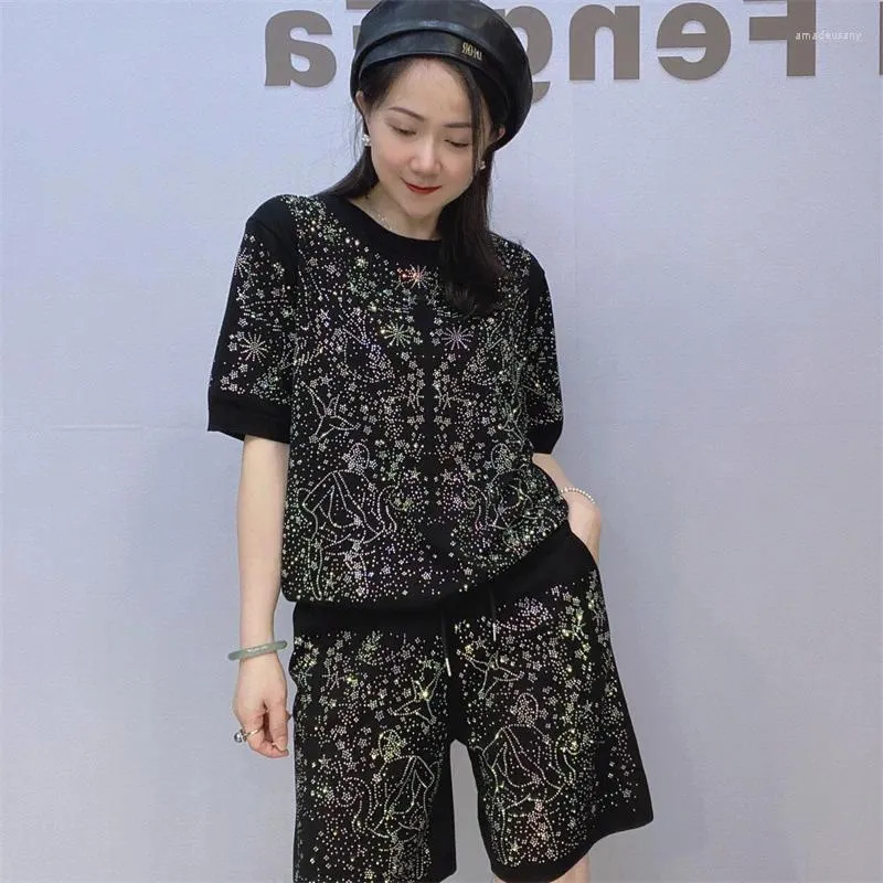 Women's Tracksuits Women Two-piece Set Short Sleeved Shorts Summer 2PCS Suit T-shirt Two Piece Diamond Casual