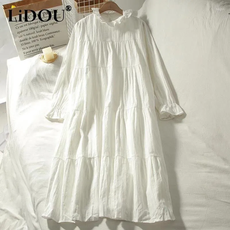 Casual Dresses Summer Fashion Half High Collar Ruffles Pure Cotton Robe Female Short Sleeve Loose White Vestidos Ladies Sweet Drsses