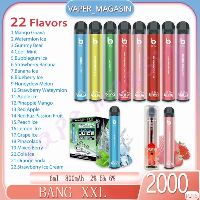 BANG XXL 2000 Puff Do jednorazowego obciążenia Vape Pen 6ml Wstępnie obciążenia 2% 5% 6% Stężenie 22 Smaki 2K Puffs 800 mAh akumulator Vape Pen Pen