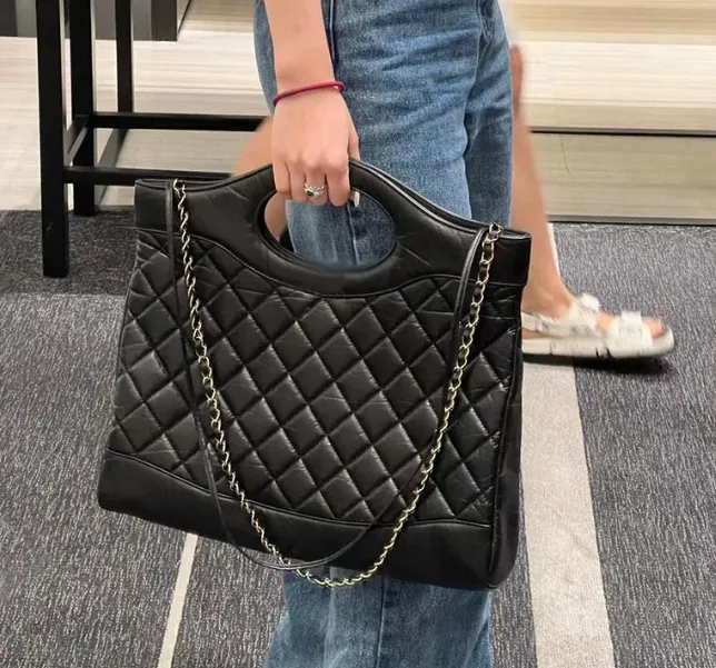 Bolsos de hombro de piel de vaca para mujer, bandoleras con cadena tejida, bolso de compras grande