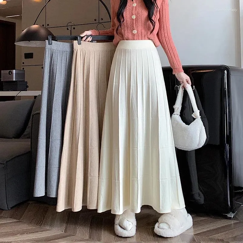 Skirts All-match Knitted Long Skirt For Women 2024 Autumn Winter Korean Casual Solid A Line High Waist Pleated Maxi Female