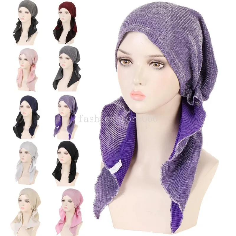 Shimmer Glitter Pre-Tied Hat Women Muslim Long Tail Hijab Turban Beanies Bonnet Chemo Cap Headscarf Hair Loss Head Wrap Turbante