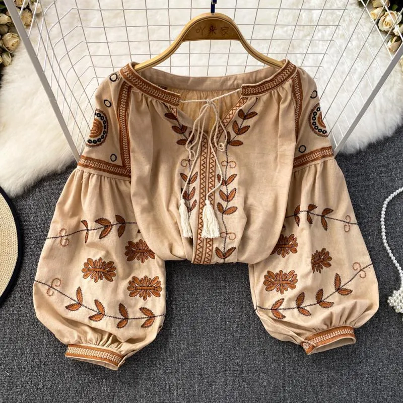 Teelynn boho blus bomullsblommor broderade blusar Tassel Long Lantern Sleeve Loose Casual Hippie Women Tops Blus and Shirt T200321