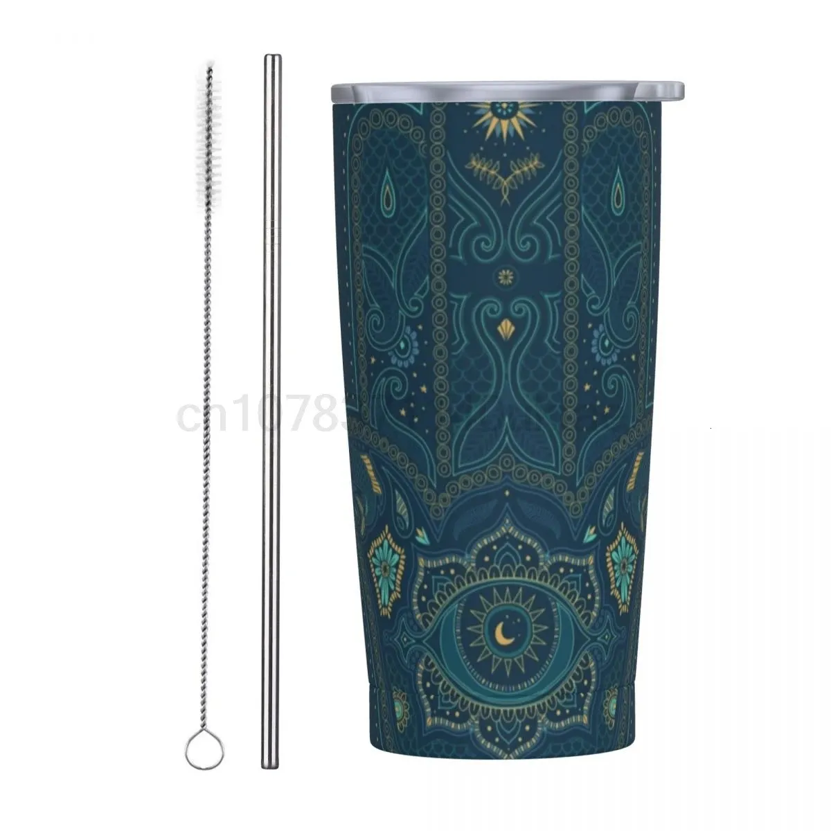 Hamsa Gobelet isolé à la main avec couvercle en pailles Amulette main de Fatima Bonne chance Tasse thermique de voyage en acier inoxydable 20 oz Tasse maison 240104