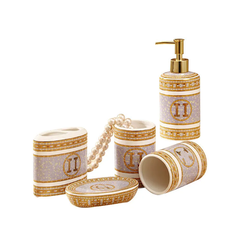 Top Designer Cross-Border Ceramic European Style Five-Piece Bathroom Set Washing Sets Bathrooms Supplies Wash Tooth Glass Suit