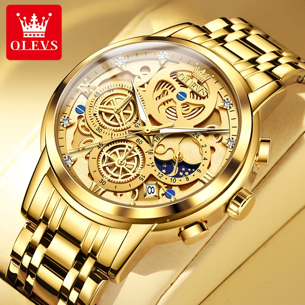 Olevs relógios masculinos relógio de designer relógio de luxo marca superior limpo original à prova d'água relógio de quartzo para homem 42mm estilo esqueleto dourado 24 horas dia noite novo com caixa 9947